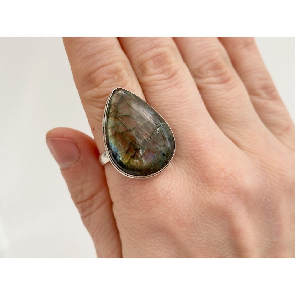 Teardrop Shaped Labradorite Vintage Sterling Silver Cabochon Ring - sz 12 - Picture 6 of 10